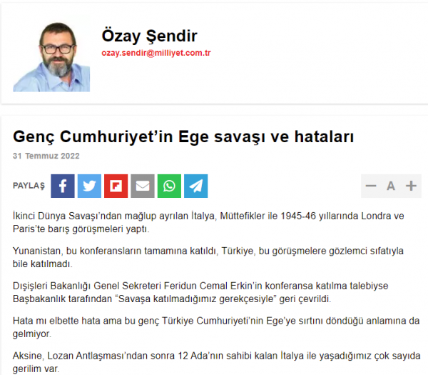 Milliyet: «Πόλεμος στο Αιγαίο και λάθη της νεαρής Τουρκικής Δημοκρατίας»