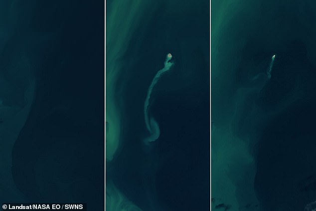 NASA's Landsat 8 and 9 satellites captured images of the island on November 18 2022 (left), February 14 2023 (centre), and December 25 2024 (right)