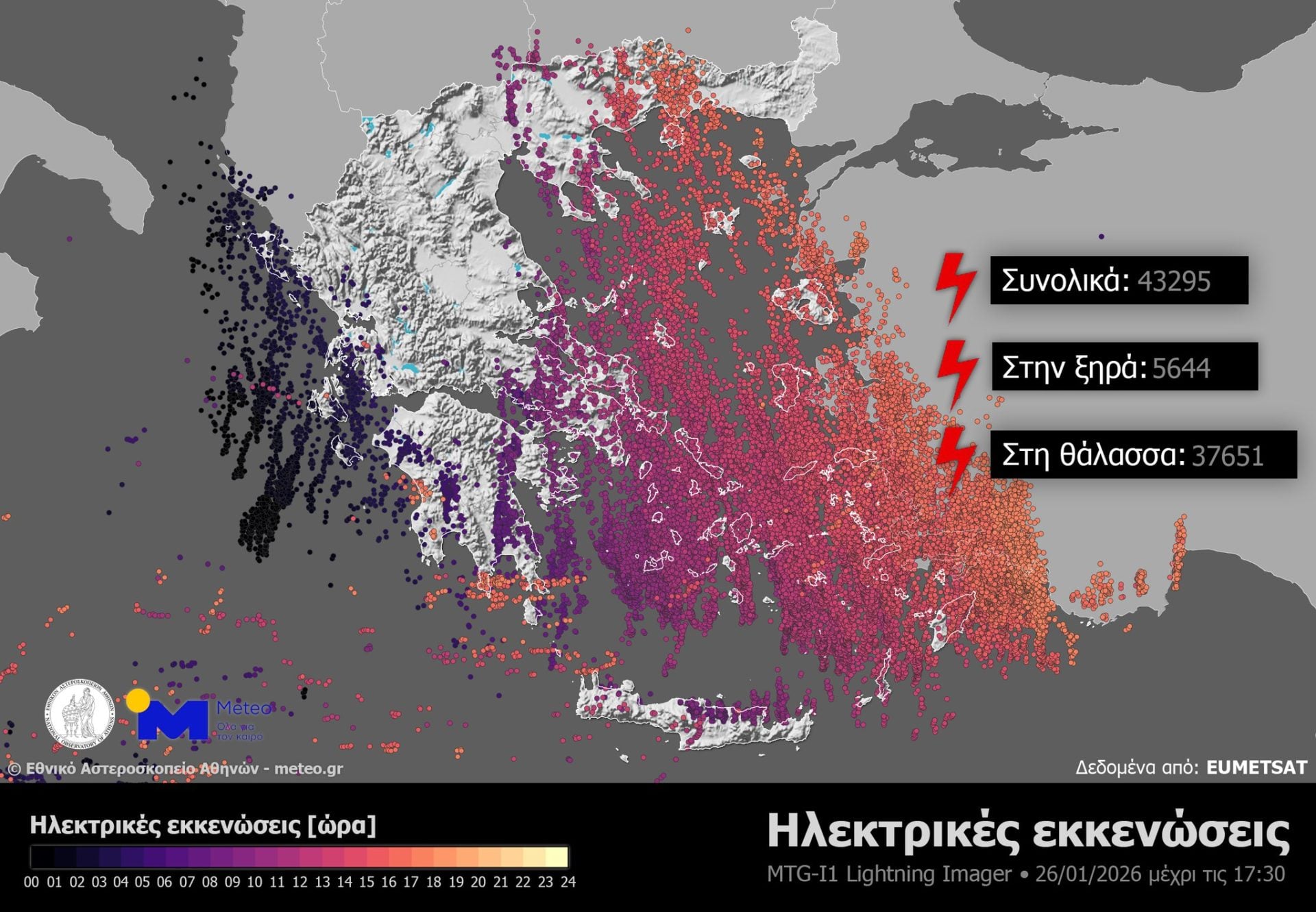 Κακοκαιρία: Πάνω από 43.000 ηλεκτρικές εκκενώσεις τη Δευτέρα