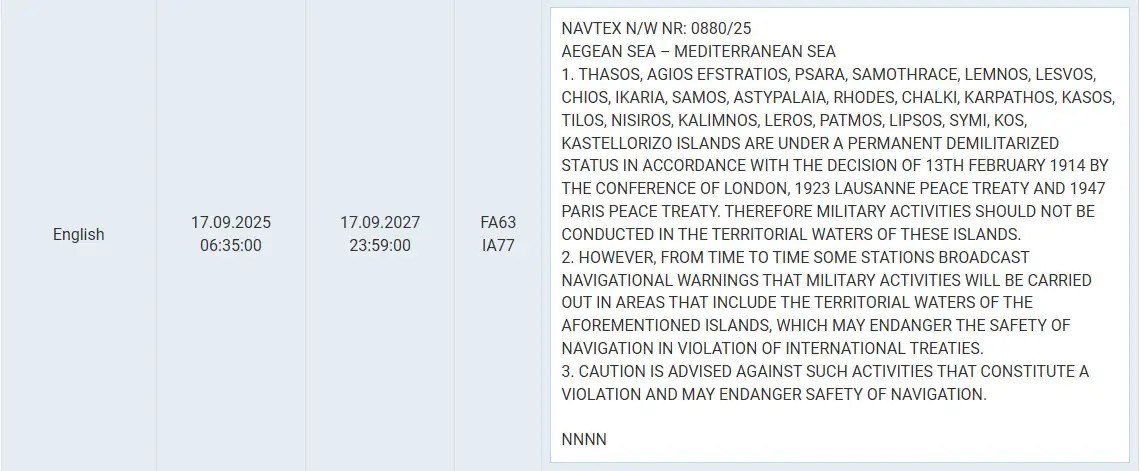 Τουρκία: Εξέδωσε NAVTEX διετούς διάρκειας - Επιμένει στα περί «δικαιοδοσίας» και «αποστρατικοποίησης» νησιών