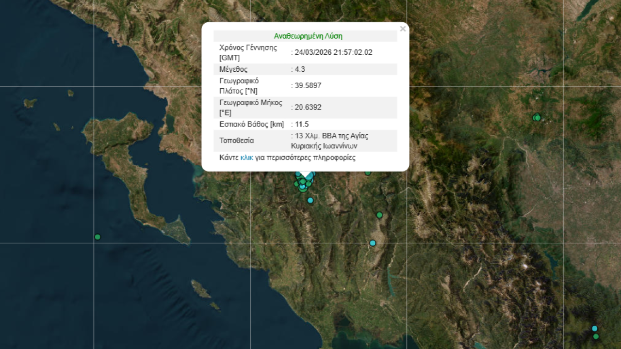 Σεισμός 4,3 βαθμών της κλίμακας Ρίχτερ στα Ιωάννινα