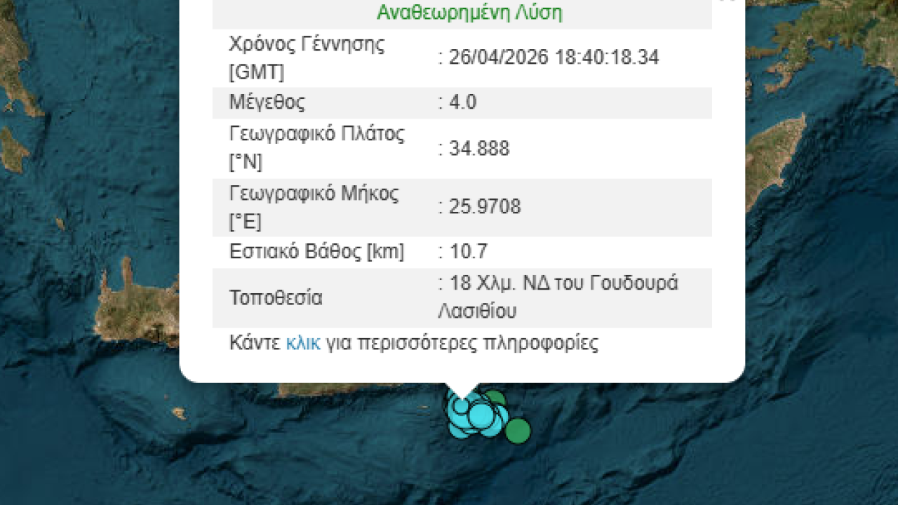 Σεισμός 4 Ρίχτερ στα ανοιχτά του Λασιθίου