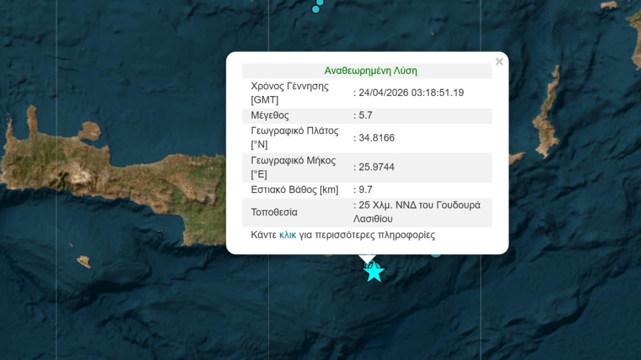 Σεισμός 5,7 βαθμών της κλίμακας Ρίχτερ στα ανοιχτά της Κρήτης