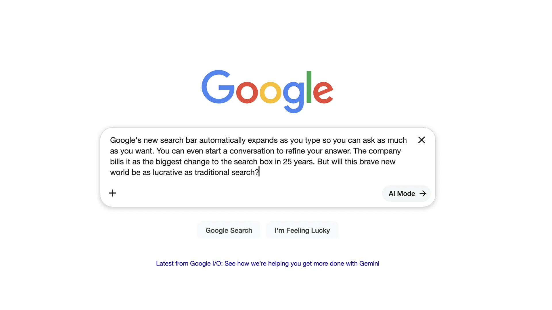 Google homepage mockup: a large, multicolor Google logo centered above a rounded white cookie banner with text about the new search bar.