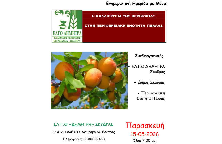 Η καλλιέργεια της βερικοκιάς στο επίκεντρο ημερίδας του ΕΛΓΟ ΔΗΜΗΤΡΑ στην Πέλλα