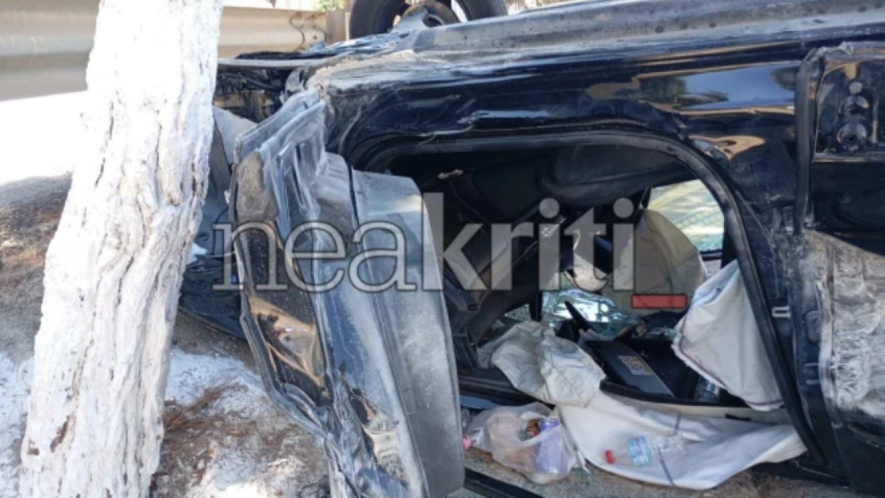 Κρήτη: Βίντεο από τη στιγμή που αυτοκίνητο «πετάει» στον αέρα και πέφτει πάνω σε δέντρο