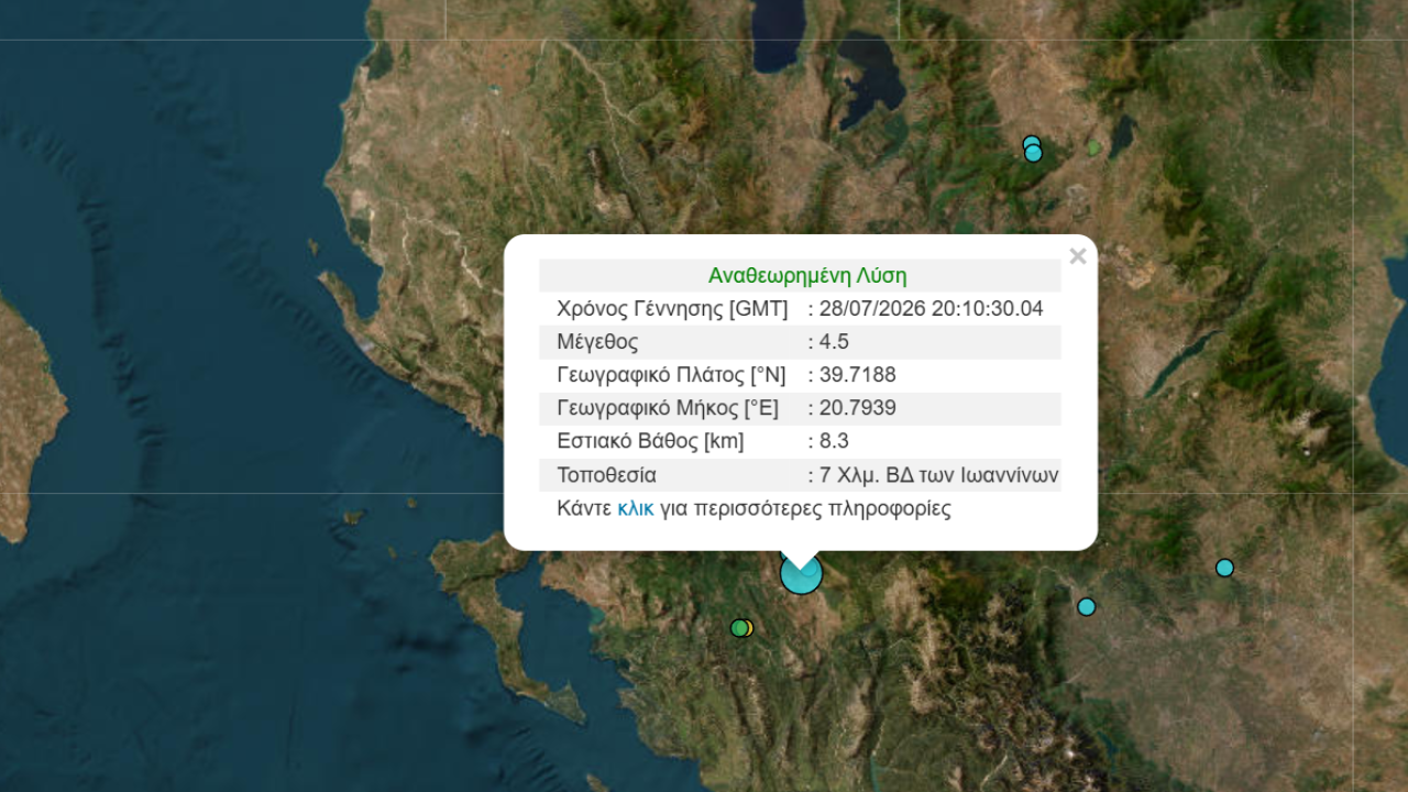 Σεισμική δόνηση 4,5 Ρίχτερ στα Ιωάννινα