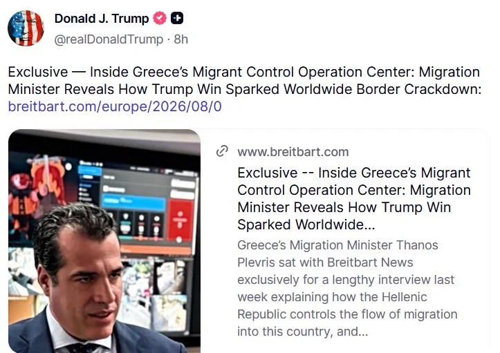 Ο Ντόναλντ Τραμπ αναδημοσίευσε συνέντευξη του Θάνου Πλεύρη