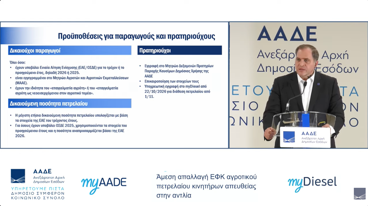 Ζωντανά η εξειδίκευση για την επιστροφή του ΕΦΚ αγροτικού πετρελαίου στην αντλία από 1η Νοεμβρίου